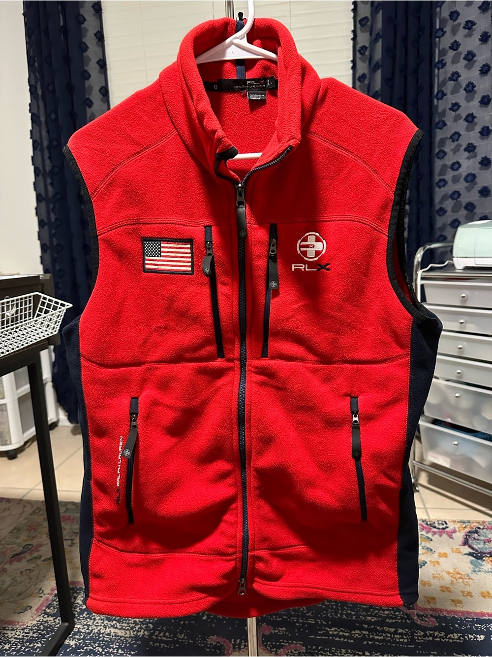Ralph Lauren RLX Red Fleece Vest with Navy Side Panels and Patch Details